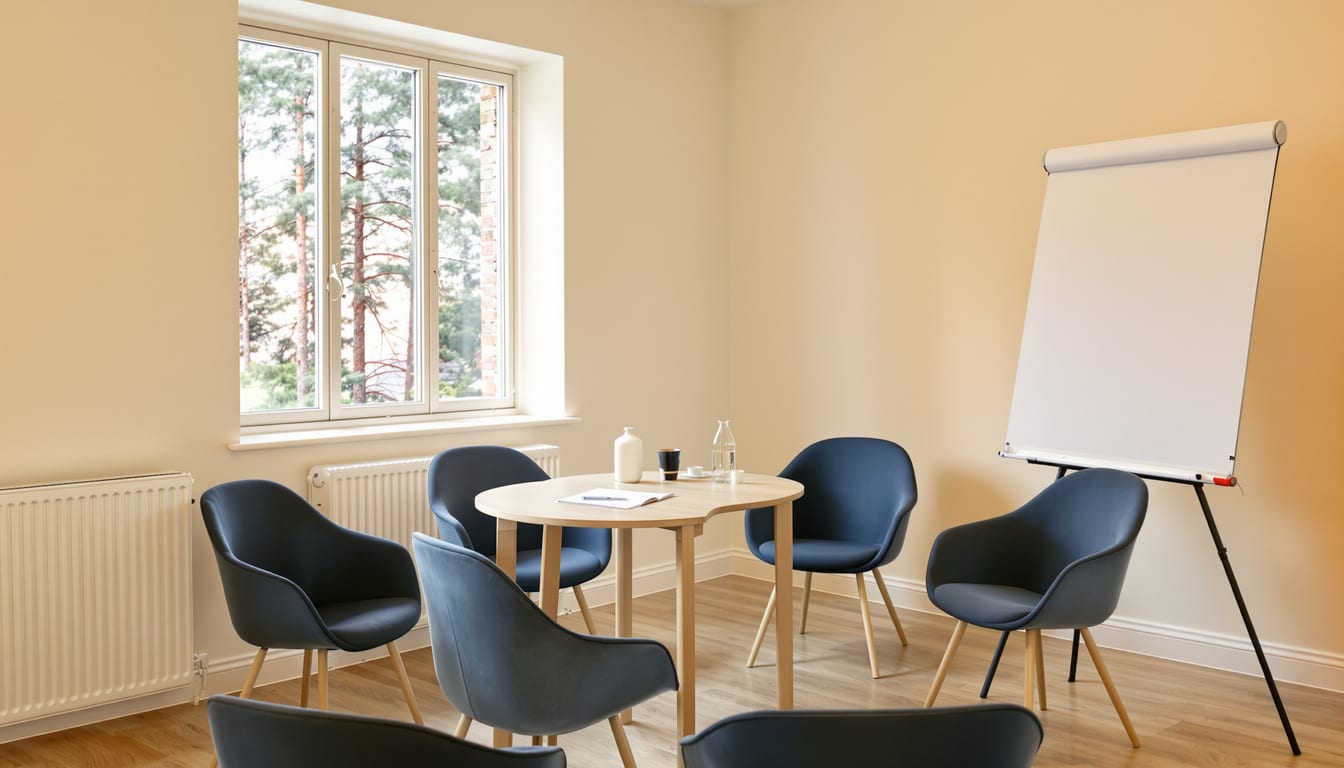Petite salle de formation landaise, pins visibles par la fenêtre