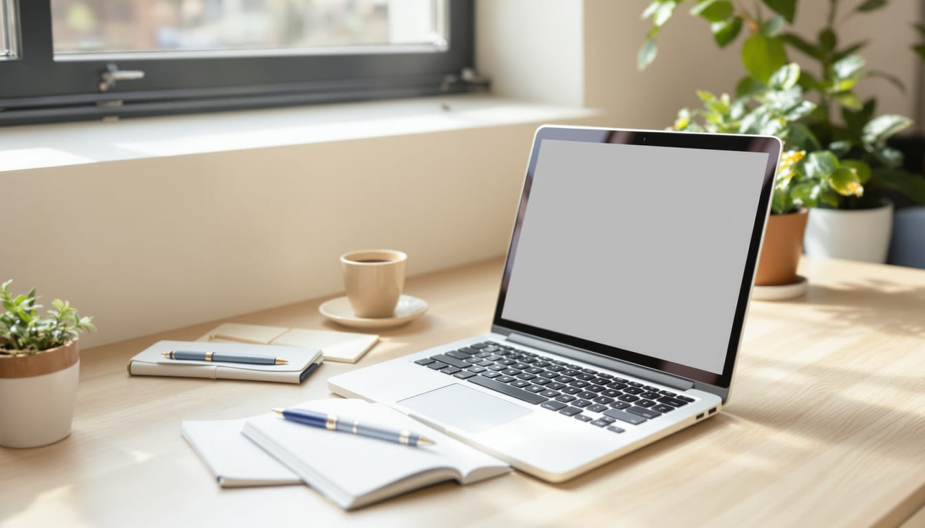 Bureau lumineux d'un indépendant, ordinateur portable et carnet