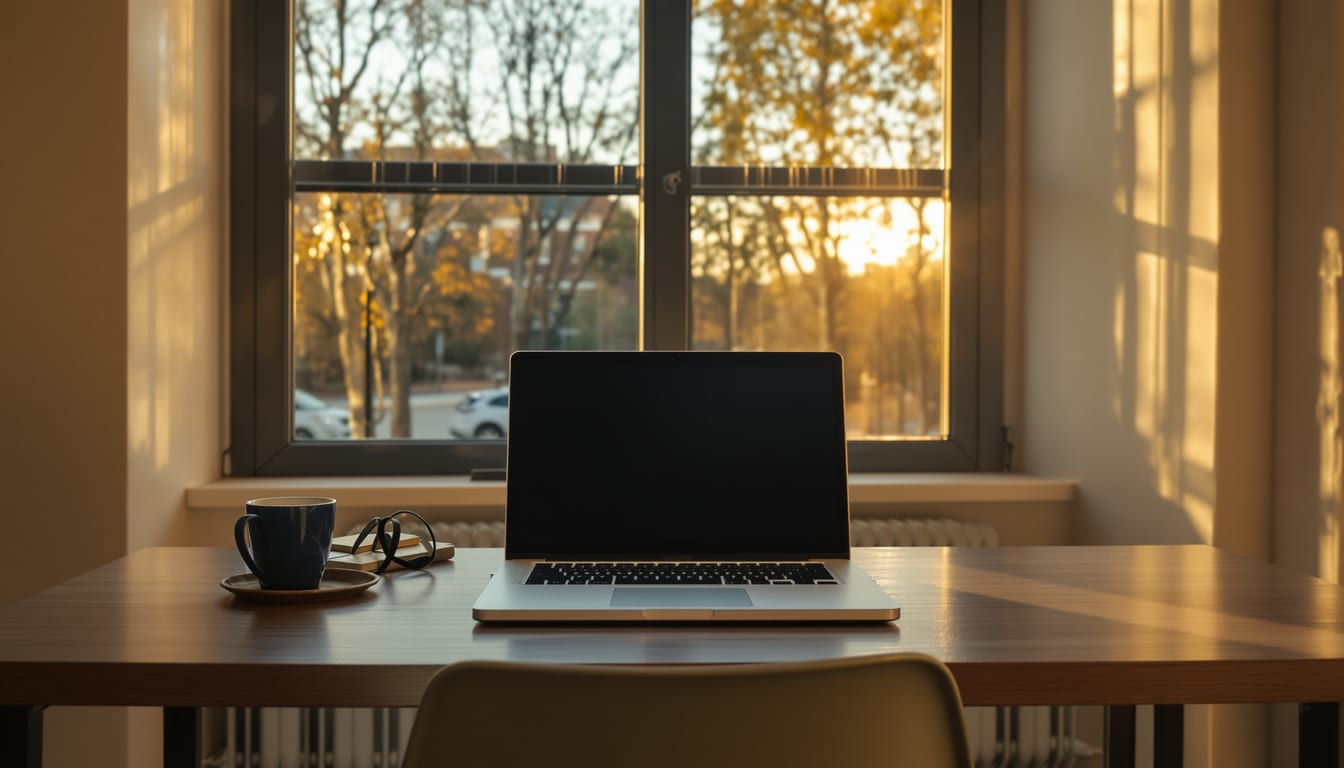 Bureau vide en fin de journée, lumière chaude de fin d'après-midi