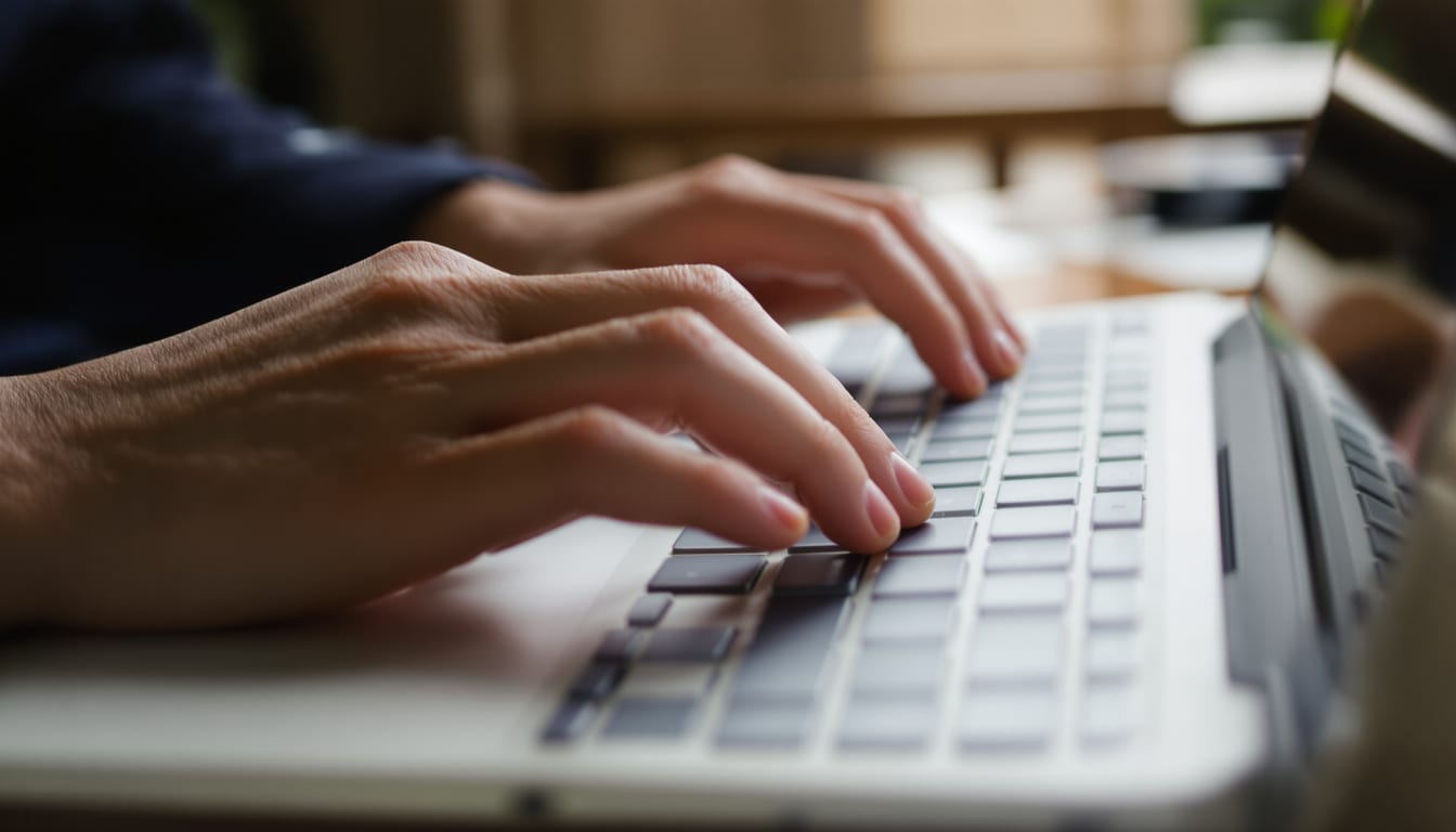 Mains en pause sur un clavier avant d'écrire une demande à une IA